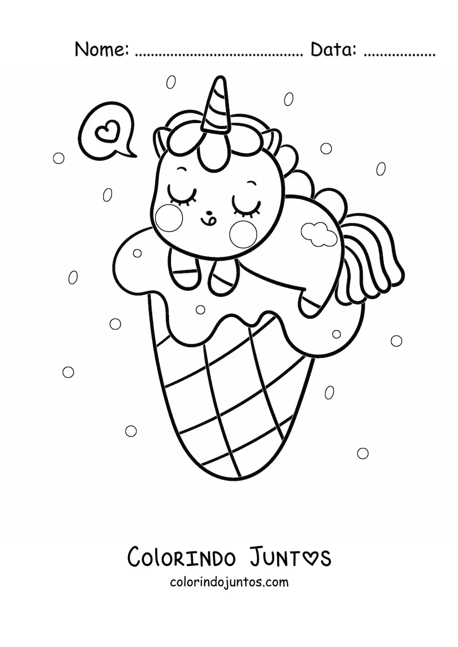 Desenho para colorir de um unicórnio kawaii sobre um sorvete de casquinha