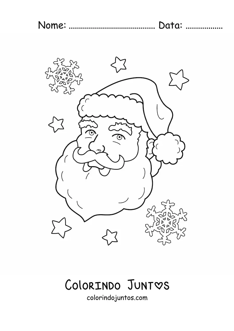Desenho para colorir do rosto de Papai Noel sorrindo e flocos de neve ao fundo