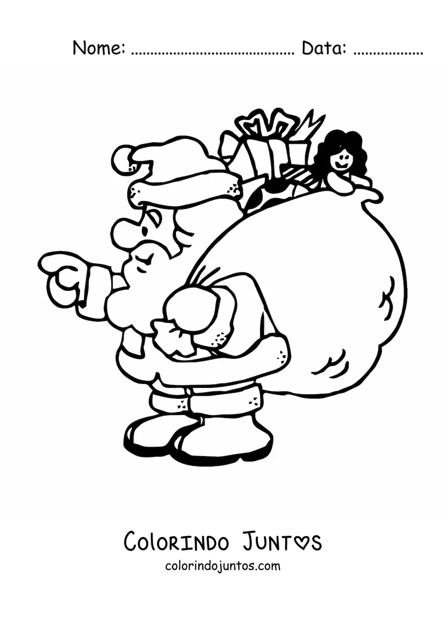 Desenho para colorir de caricatura de Papai Noel com presentes
