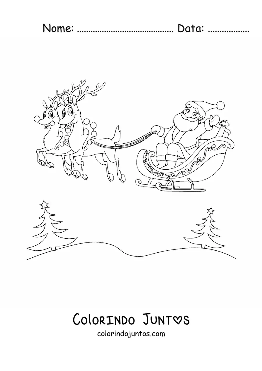 Desenho para colorir de Papai Noel voando no treno com renas