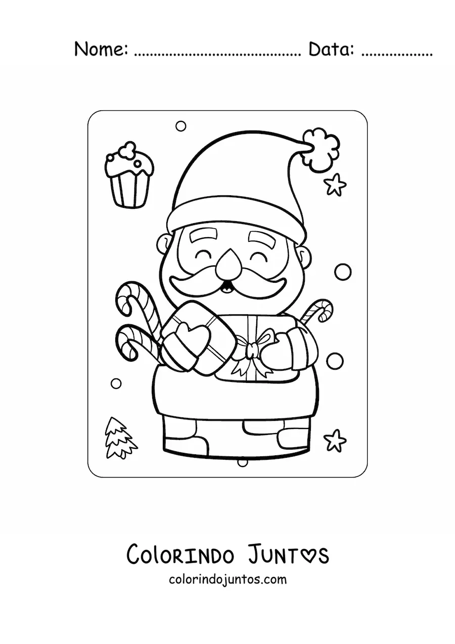 Desenho para colorir de Papai Noel kawaii entrando em uma chamine com presentes