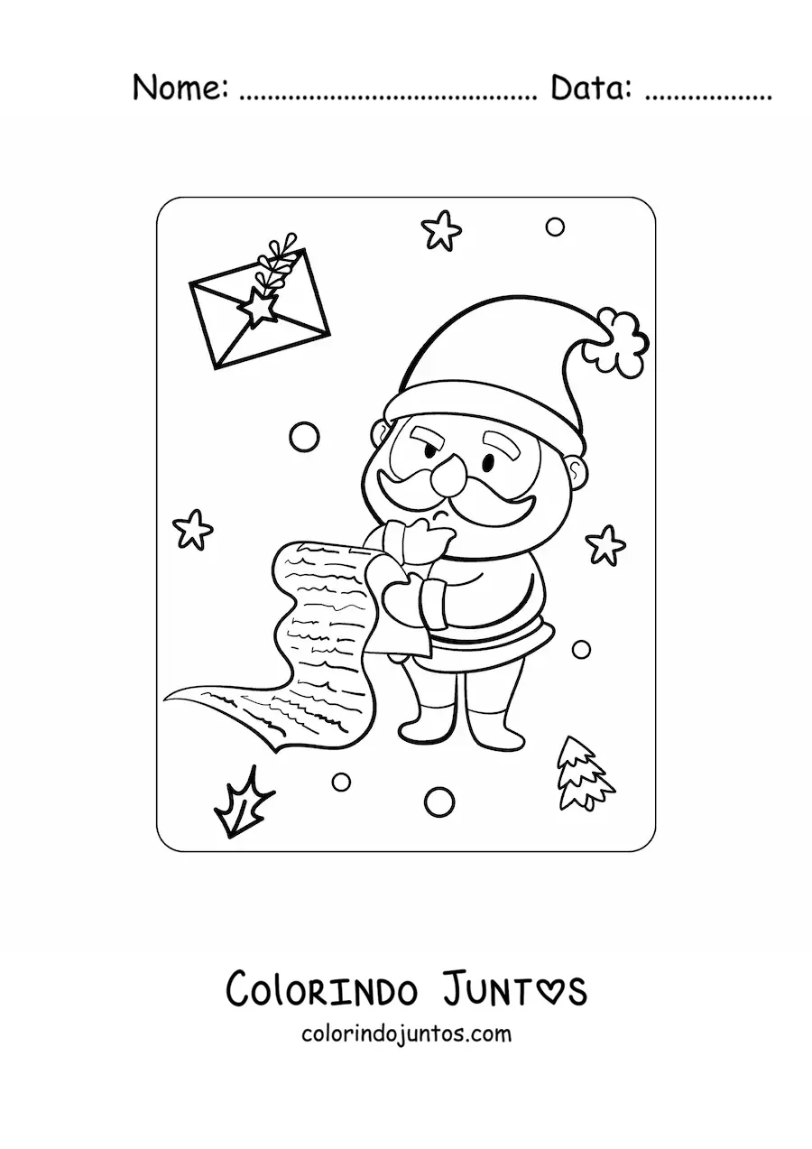 Desenho para colorir de Papai Noel kawaii revisando a lista de criancas boas