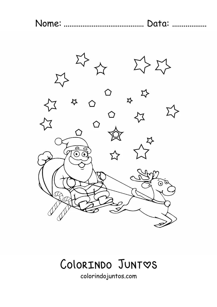 Desenho para colorir de Papai Noel animado no treno com rena