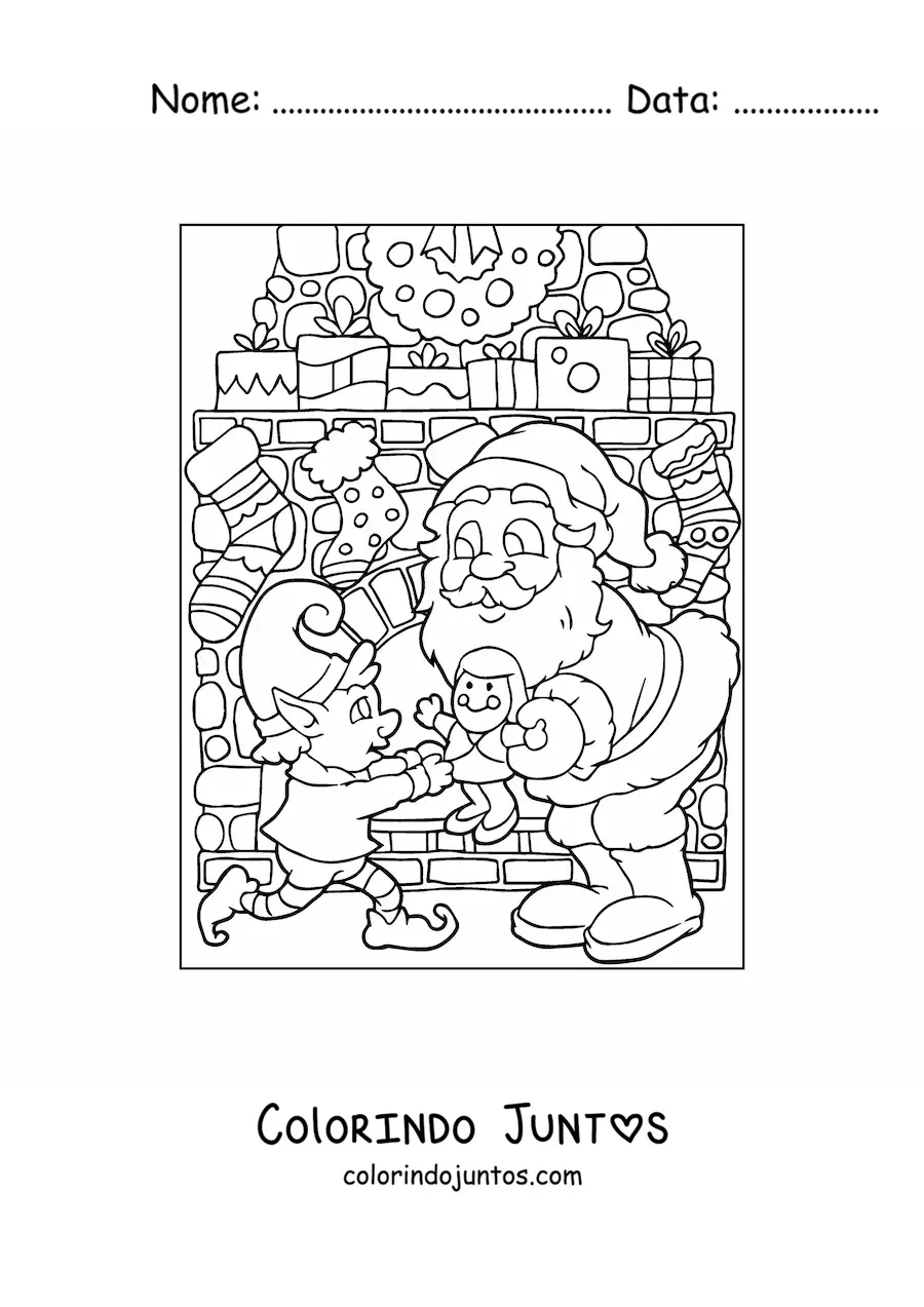 Desenho para colorir de Papai Noel com elfo e brinquedos