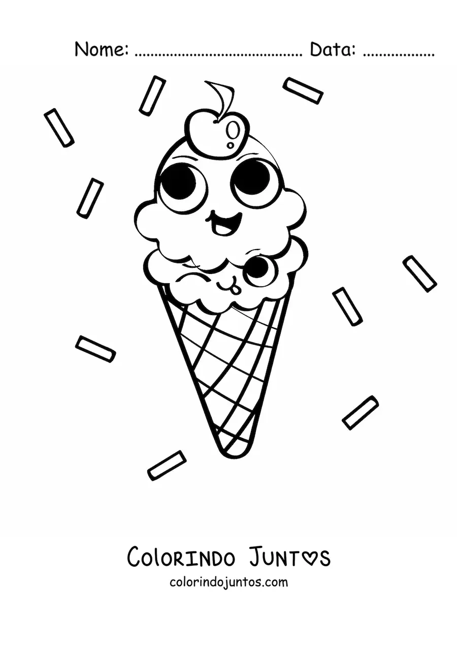 Desenho para colorir de uma casquinha de sorvete animada sorridente