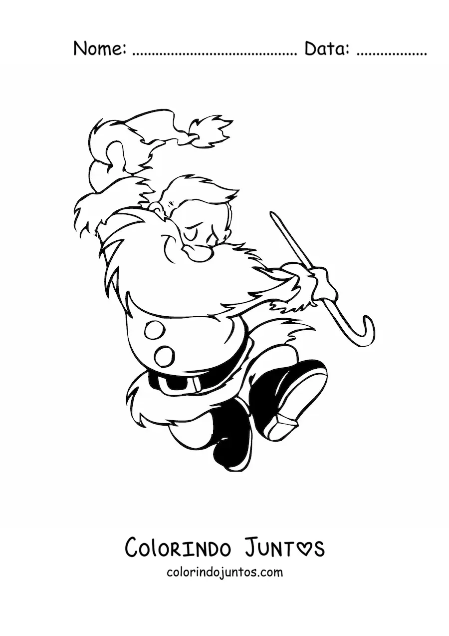 Desenho para colorir de Papai Noel segurando seu gorro e uma bengala enquanto pula