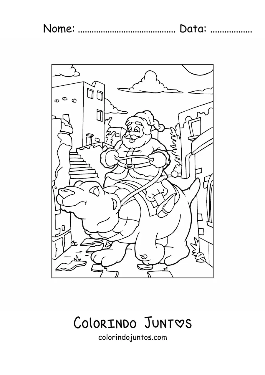 Desenho para colorir de Papai Noel montando um urso polar