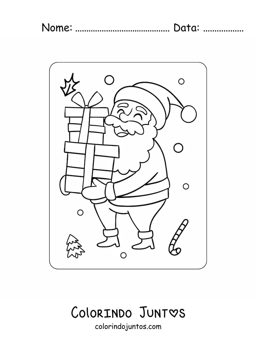 Desenho para colorir de Papai Noel com pilha de presentes