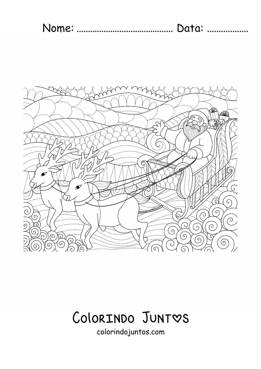 Desenho para colorir de Papai Noel no treno com renas estilo zentangle