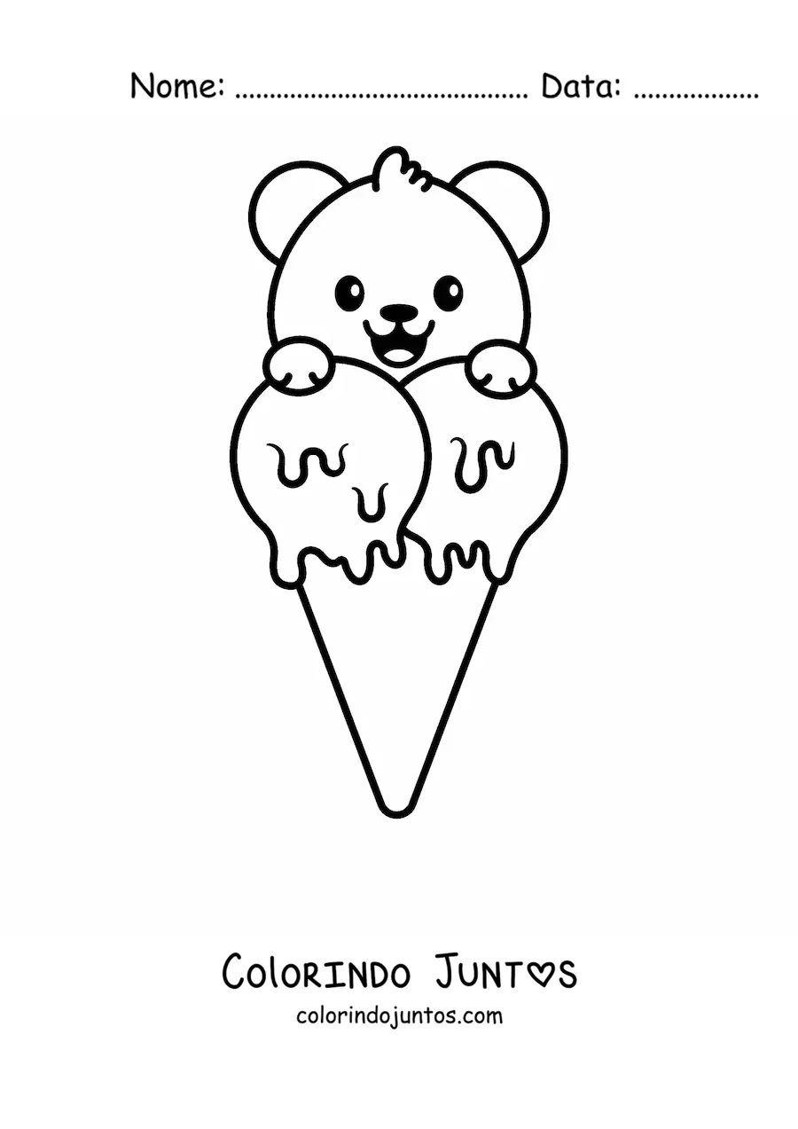 Desenho para colorir de um urso kawaii em um sorvete de casquinha