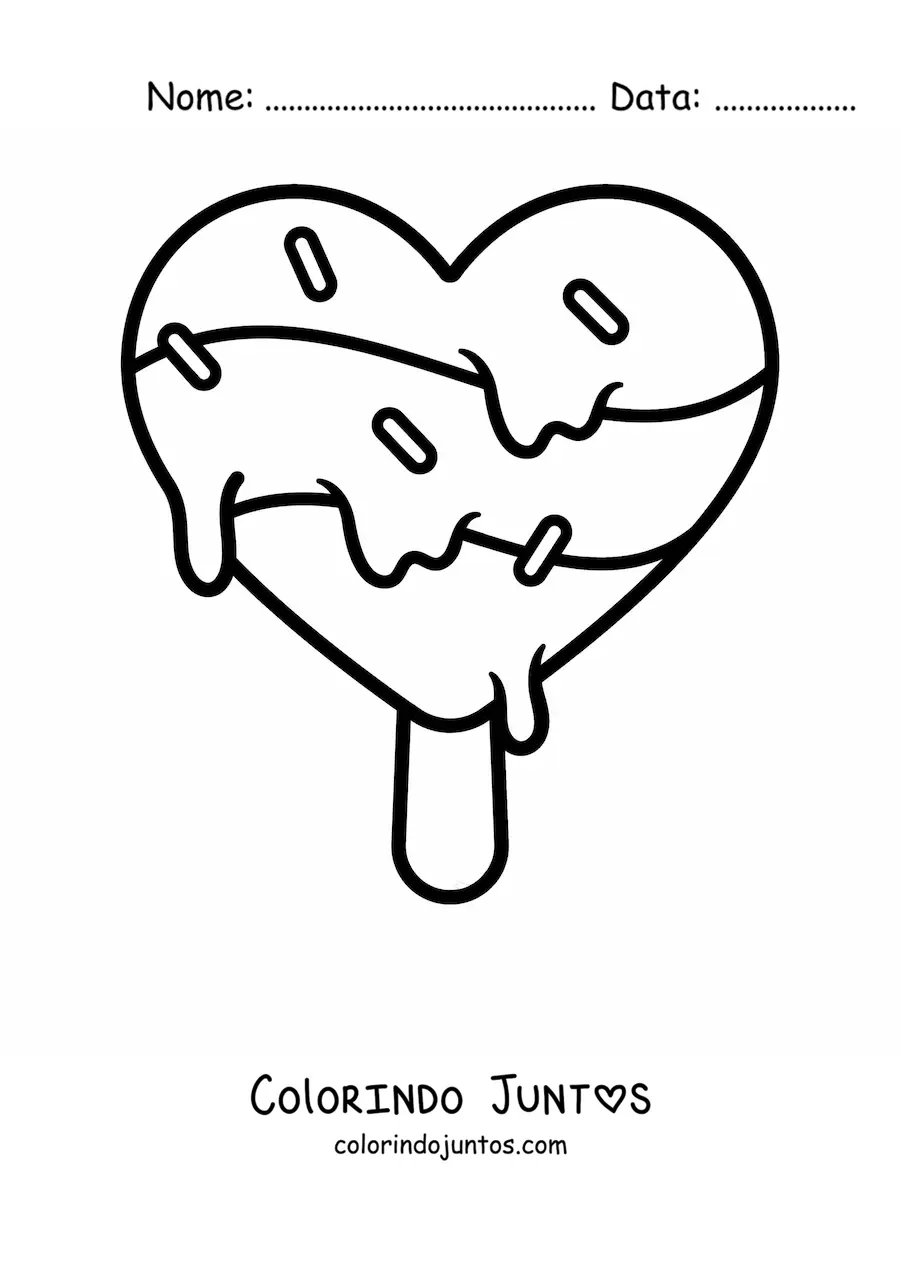 Desenho para colorir de um picolé em formato de coração derretendo