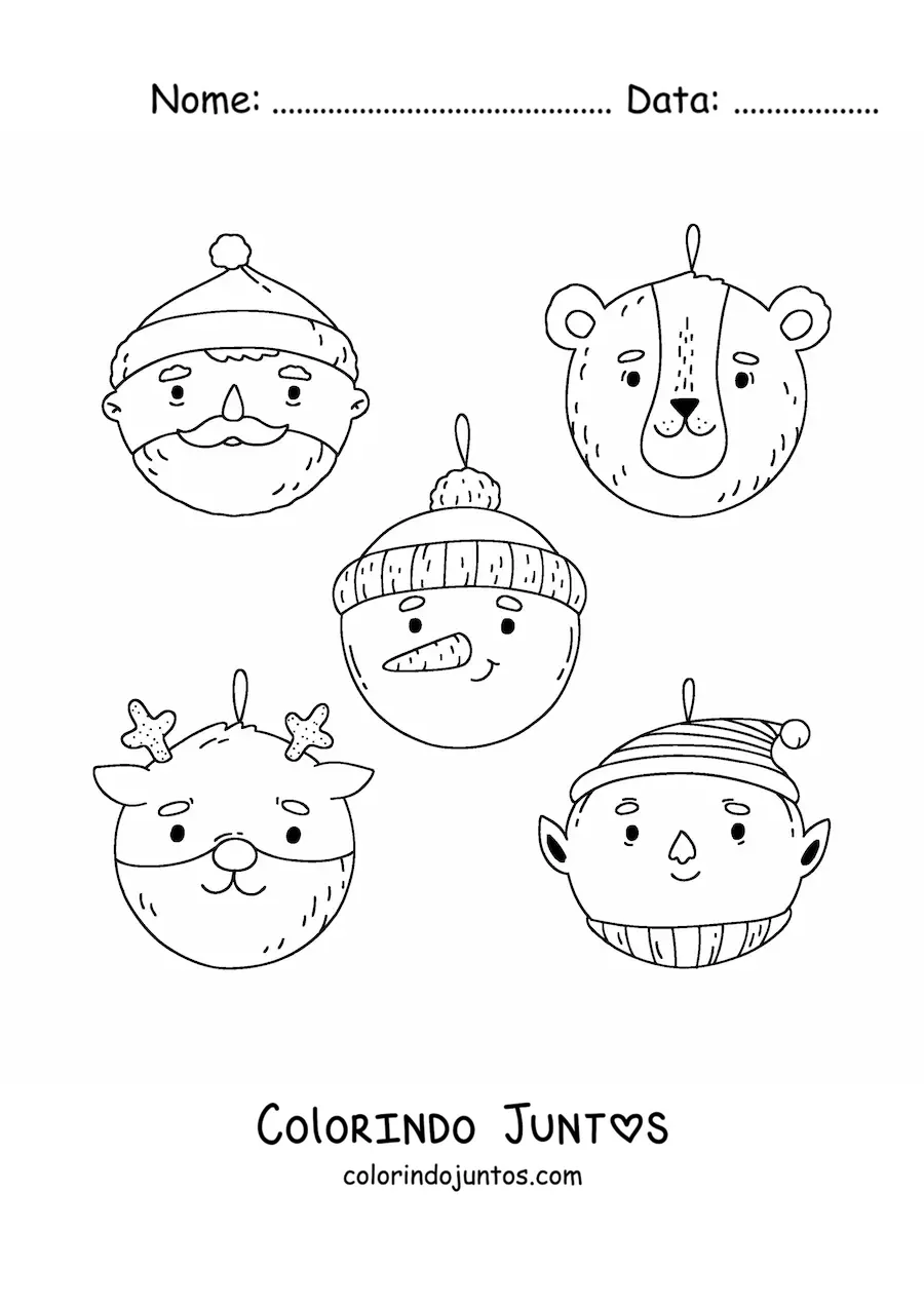 Desenho para colorir de bolas de Natal em forma de urso, Papai Noel, elfo, rena e boneco de neve