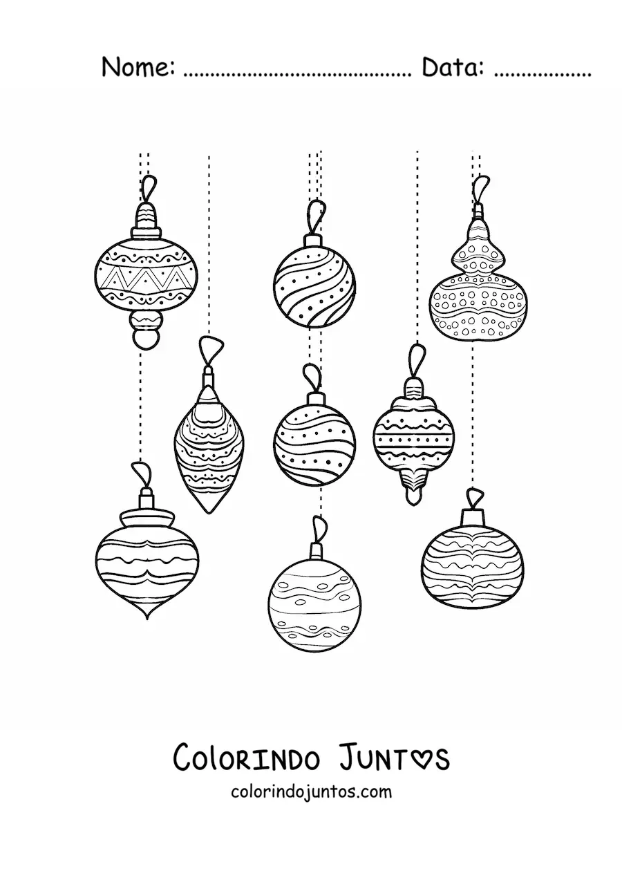 Desenho para colorir de enfeites de Natal pendurados