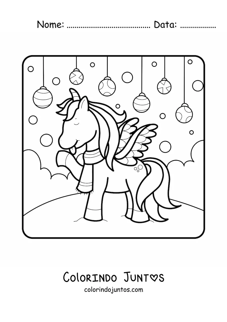 Desenho para colorir de um unicornio com bolas de Natal ao fundo