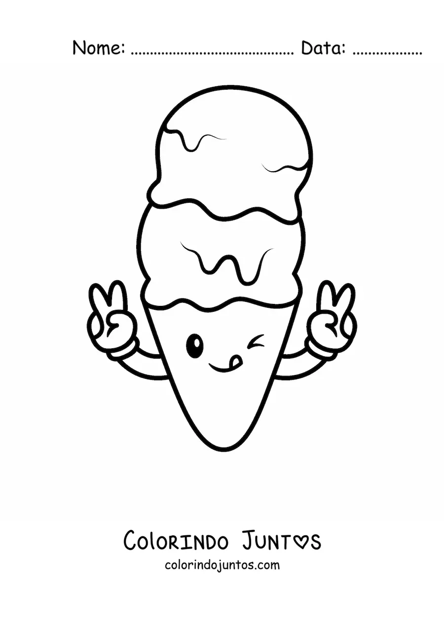 Desenho para colorir de uma casquinha de sorvete animada acenando e piscando um olho