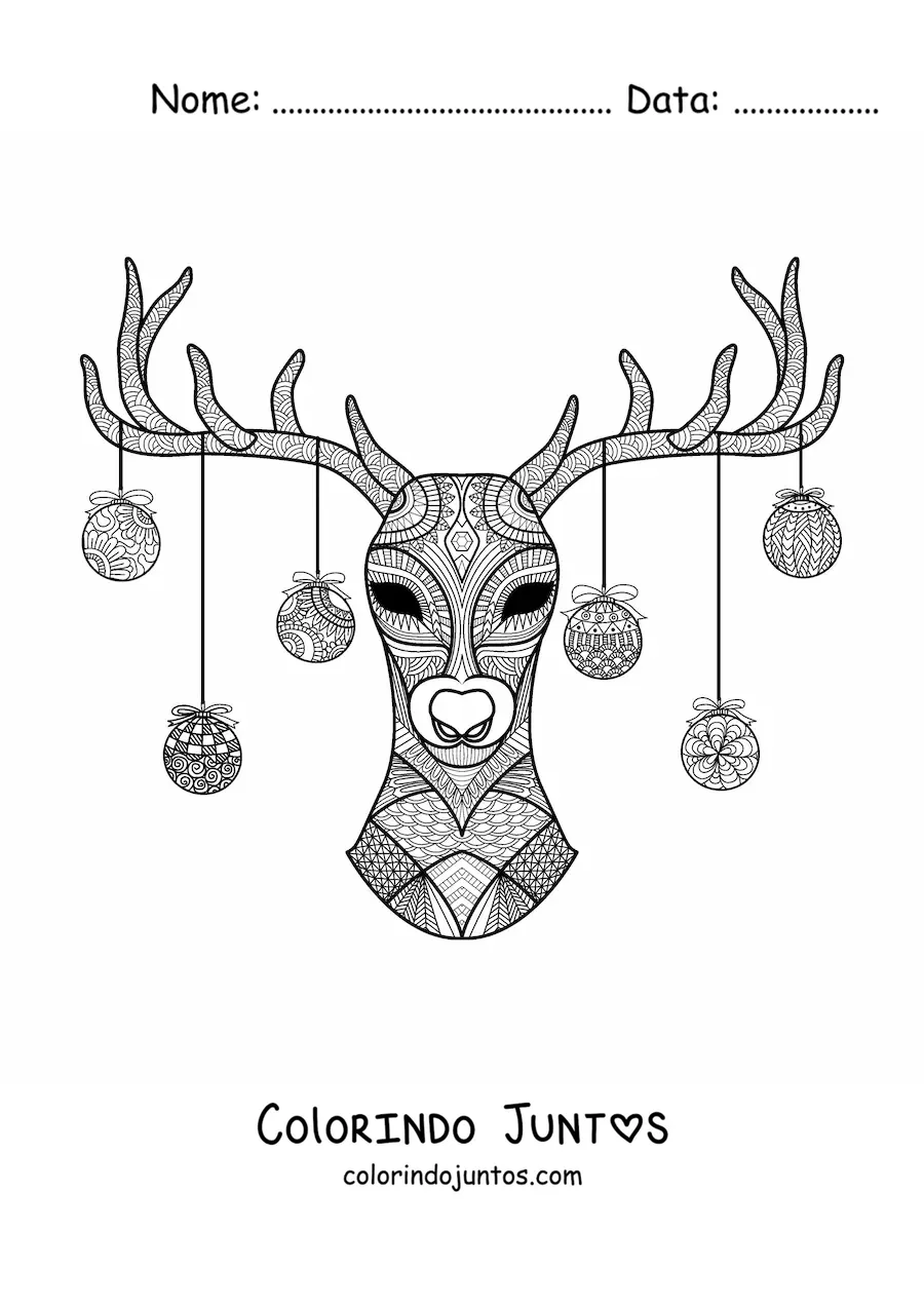 Desenho para colorir de uma rena com bolas de Natal penduradas em sua galhada