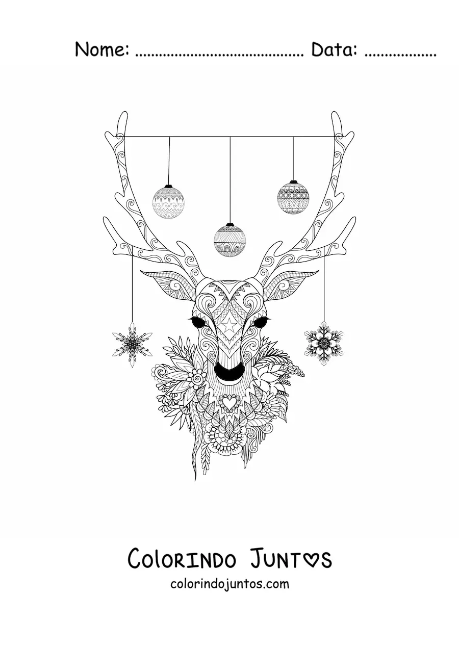 Desenho para colorir de uma rena com bolas de Natal penduradas em sua galhada