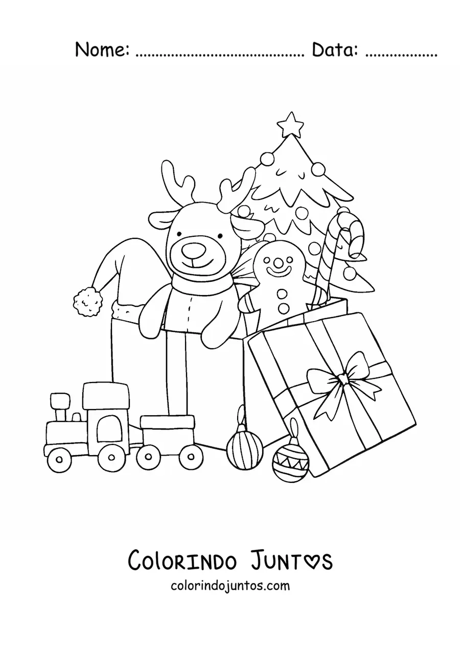 Desenho para colorir de caixa de presente de Natal com brinquedos