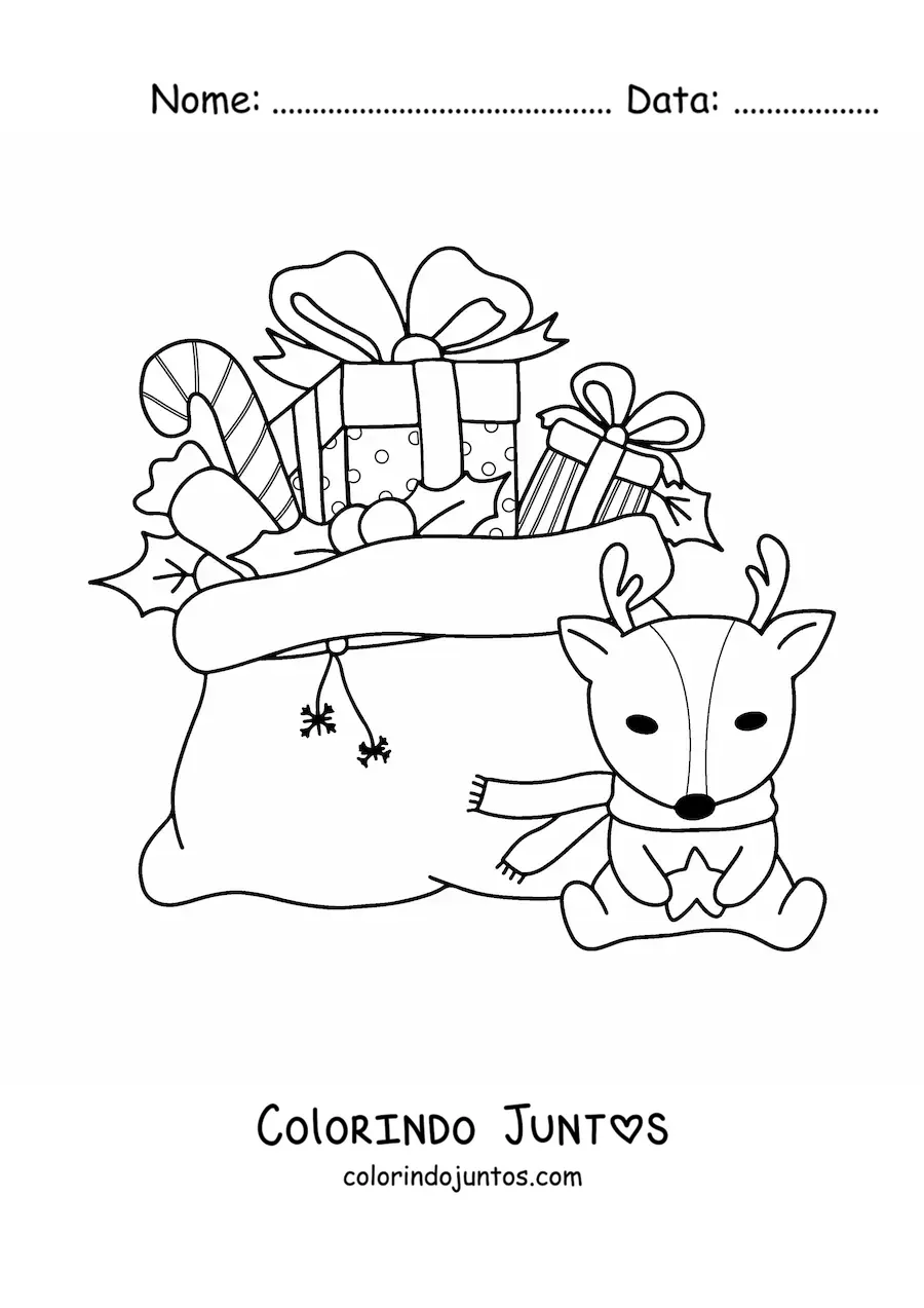 Desenho para colorir de saco de presentes de Natal e pelucia de rena