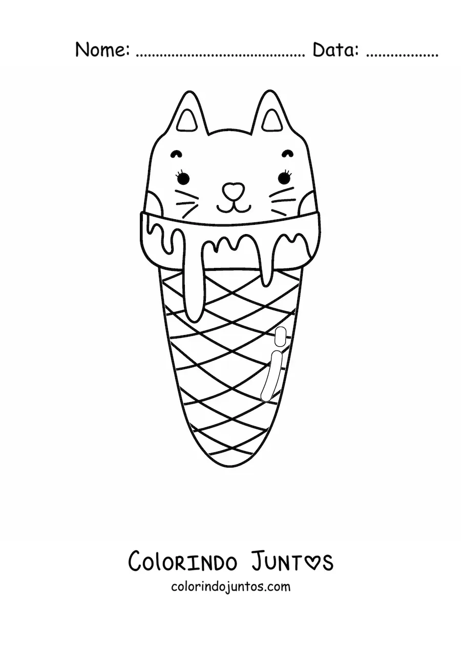 Desenho para colorir de um gato como bola de sorvete kawaii em uma casquinha