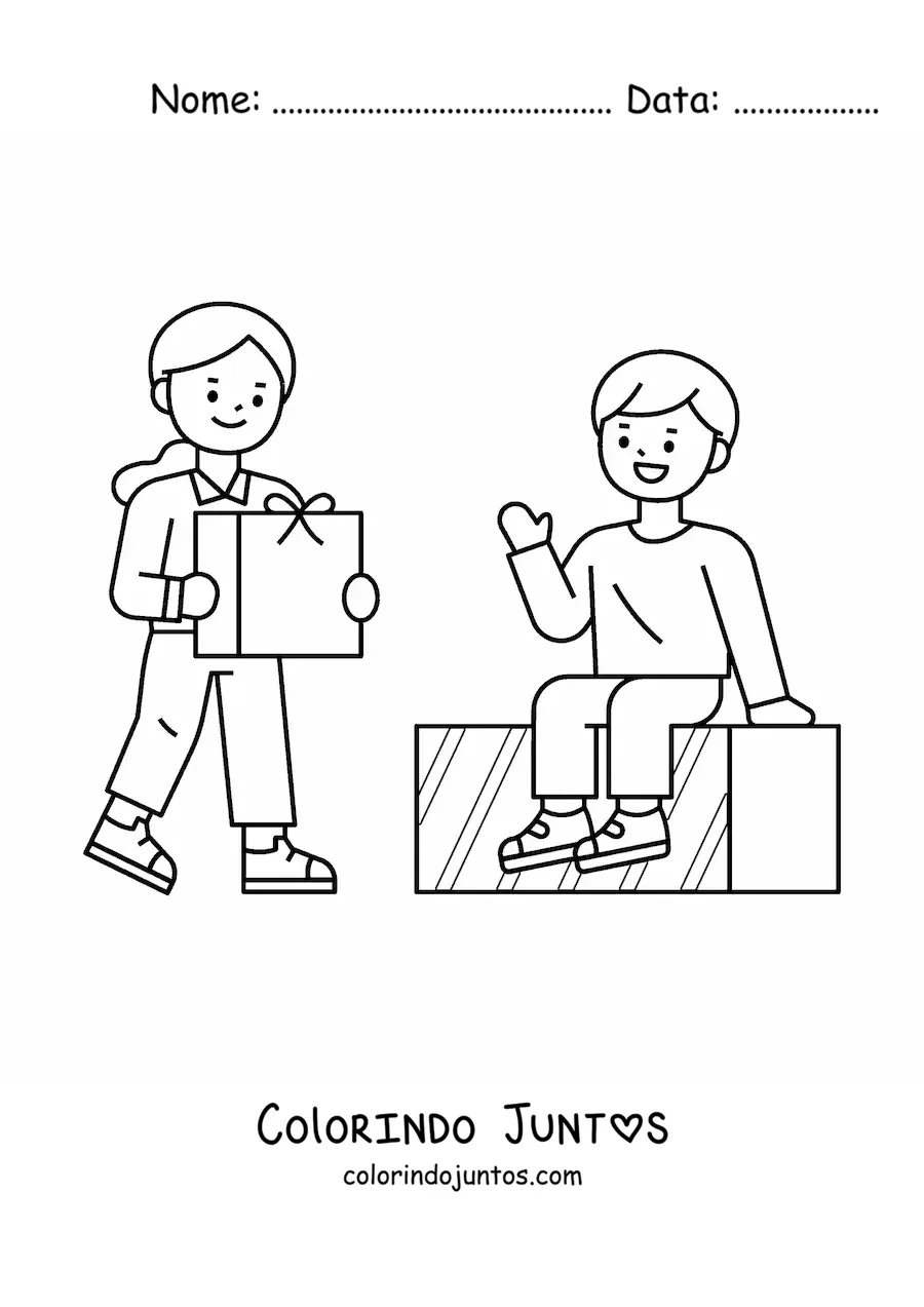 Desenho para colorir de crianças com presentes de Natal