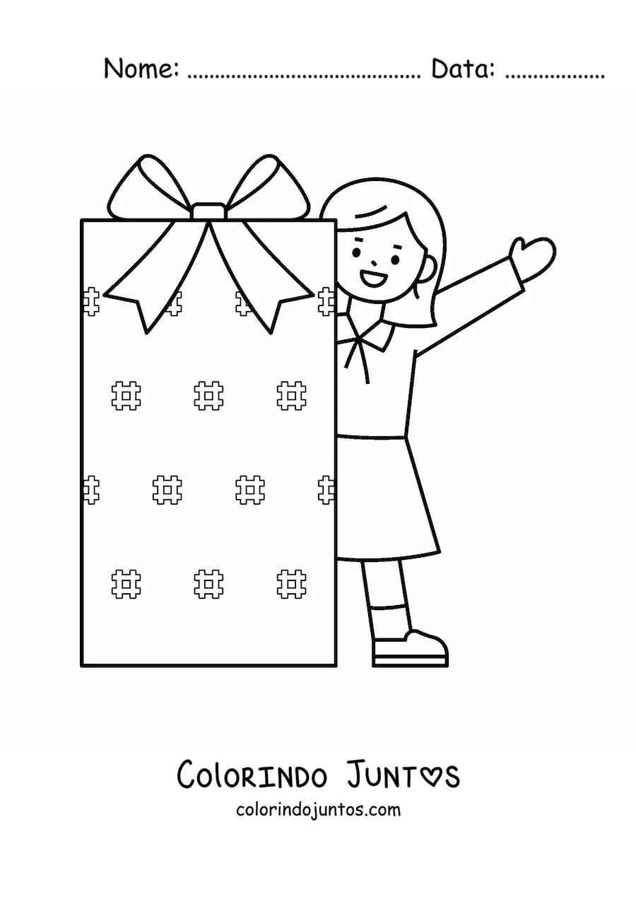 Desenho para colorir de menina com presente de Natal