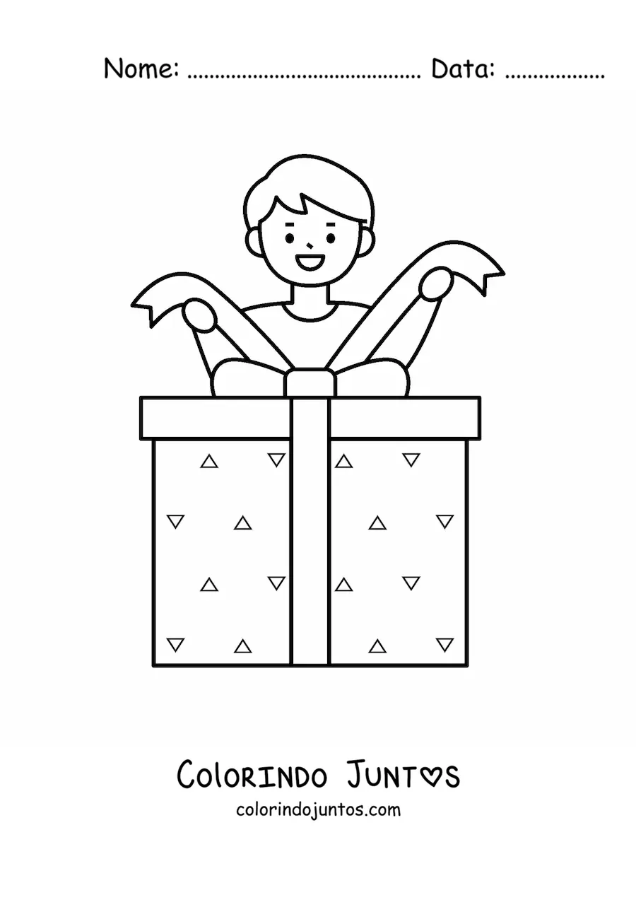 Desenho para colorir de menino com presente de Natal