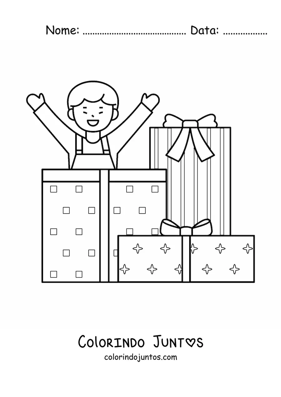 Desenho para colorir de menino com presentes de Natal