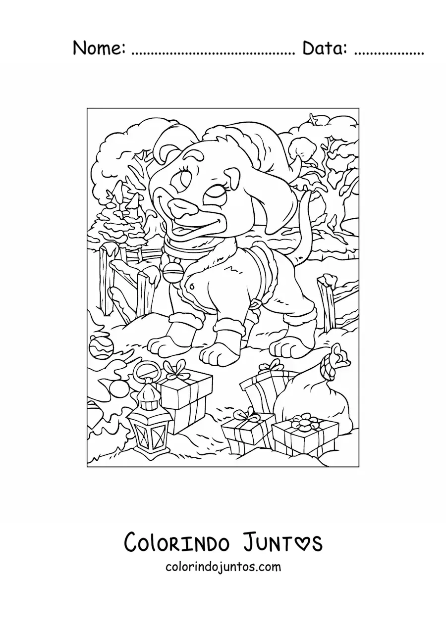 Desenho para colorir de cachorro animado com presentes de Natal