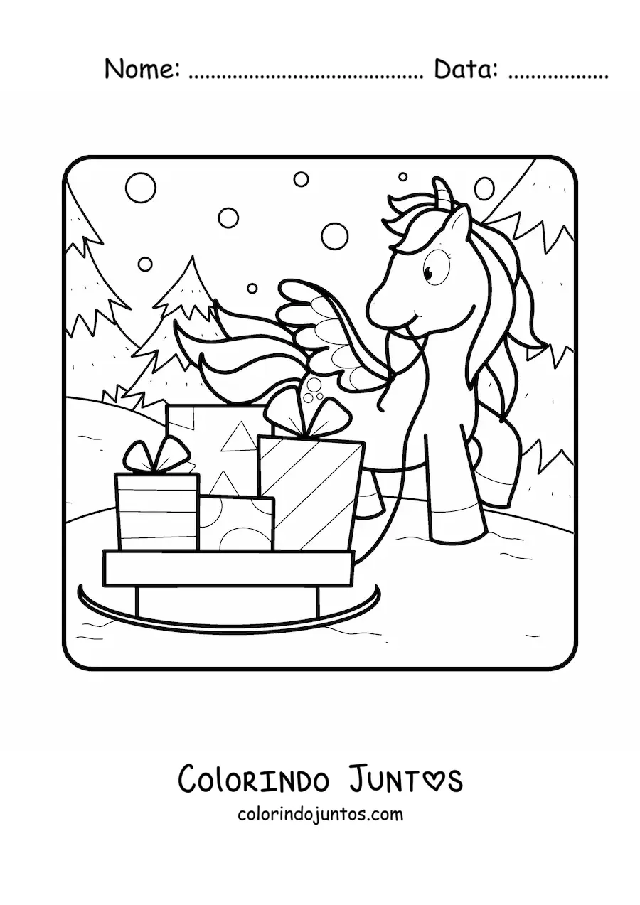 Desenho para colorir de unicórnio com trenó com presentes