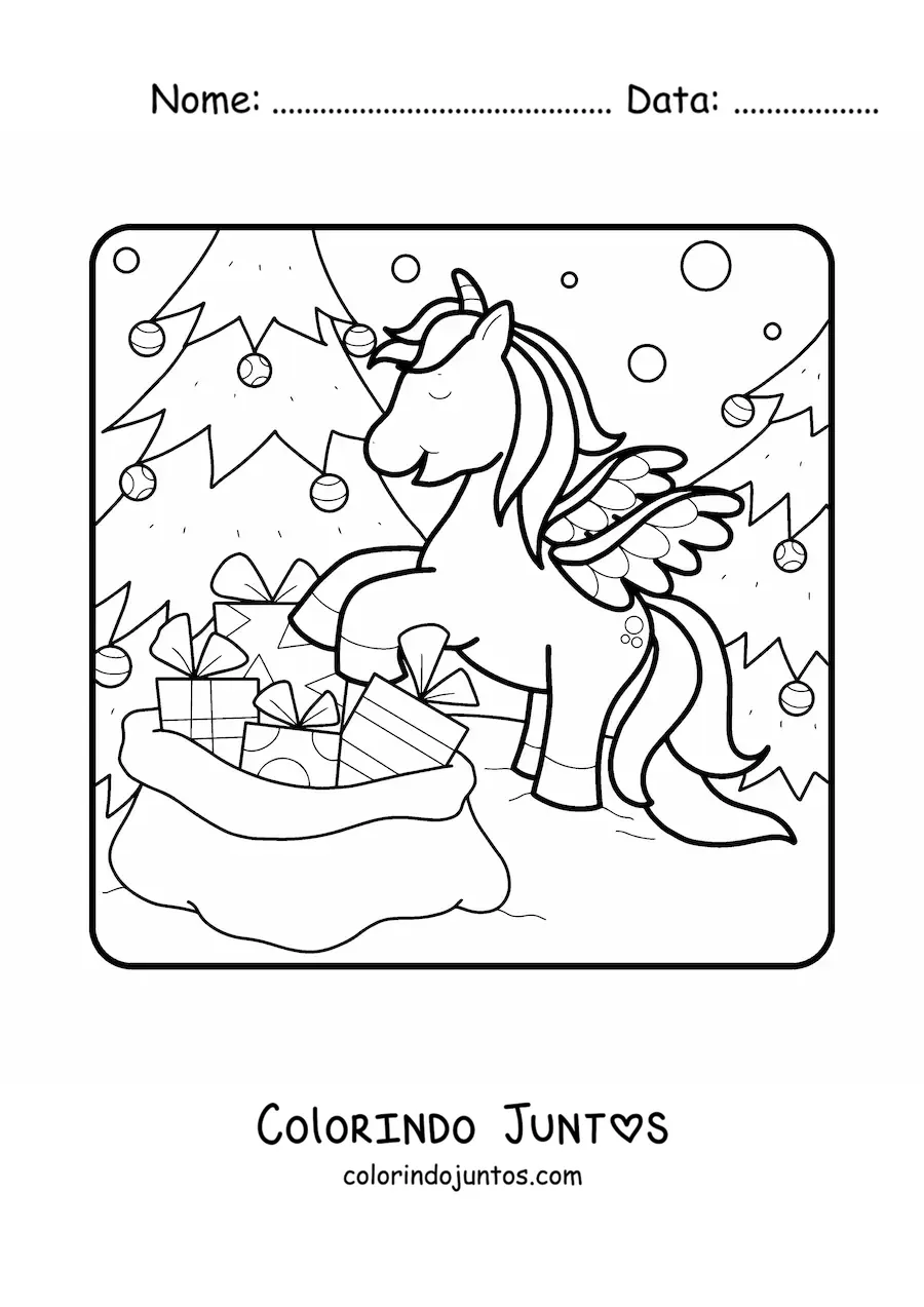 Desenho para colorir de unicórnio com saco de presentes