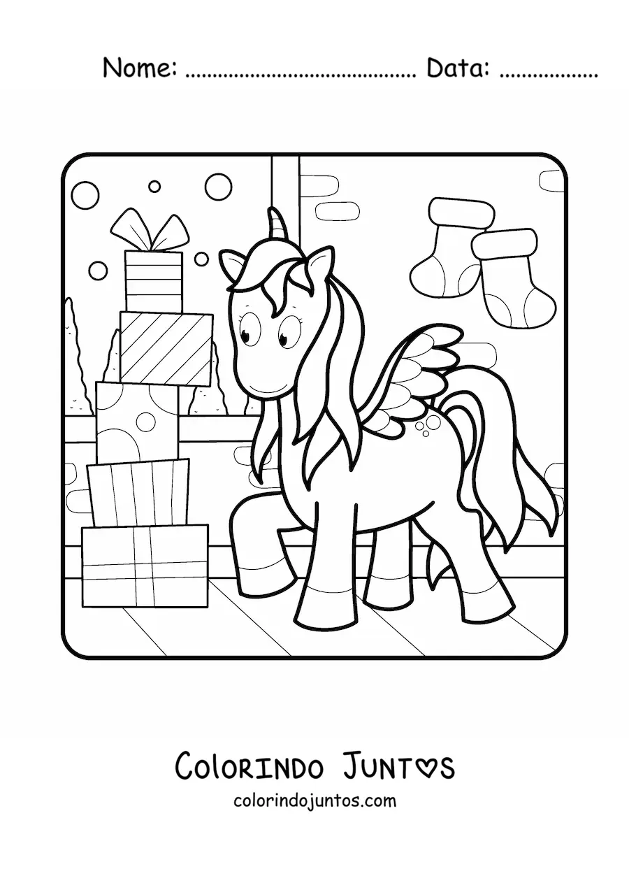 Desenho para colorir de unicórnio com pilha de presentes