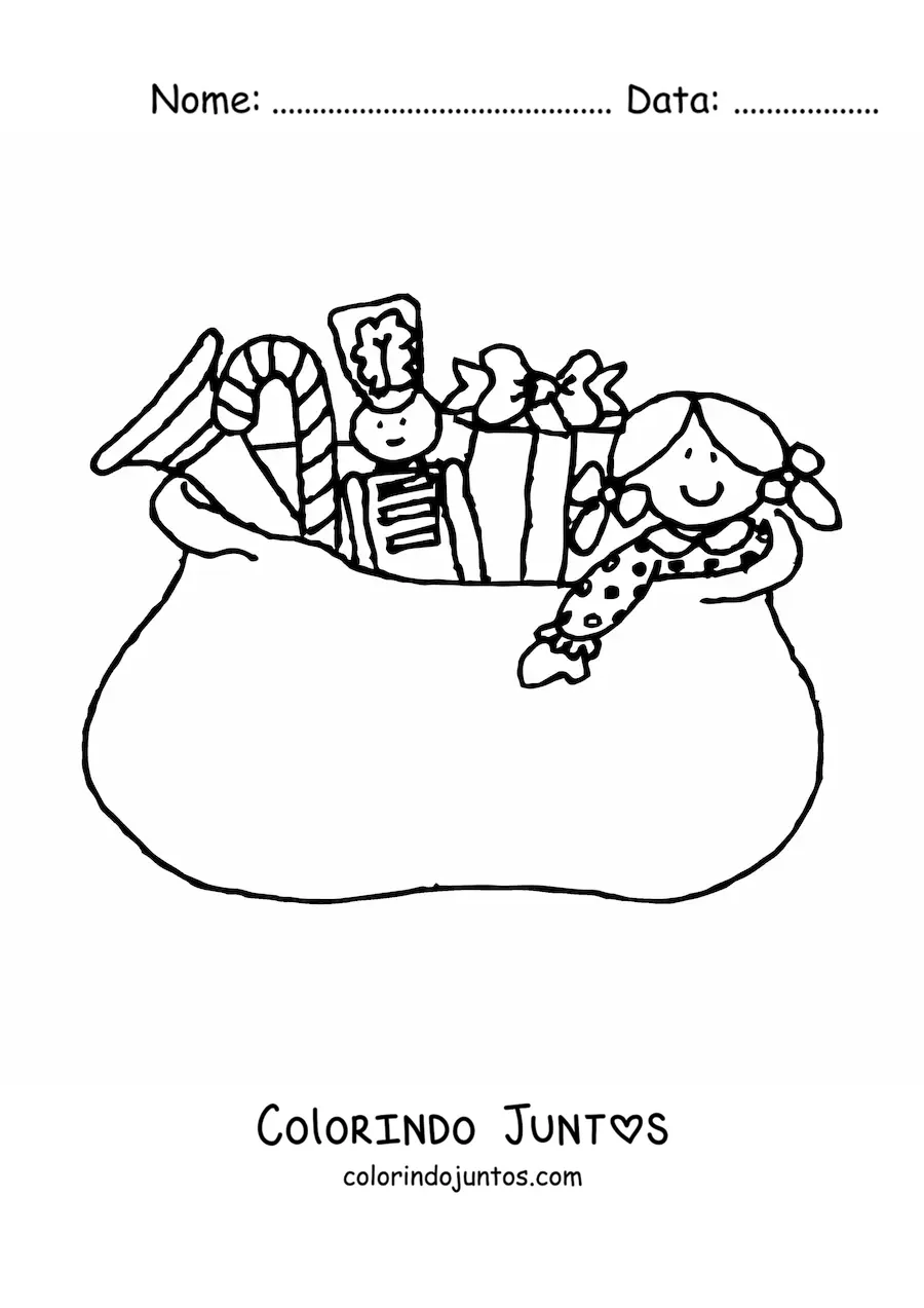Desenho para colorir de saco de presentes natalinos com brinquedos