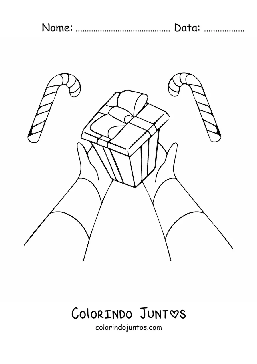 Desenho para colorir de mãos dando um presente de Natal