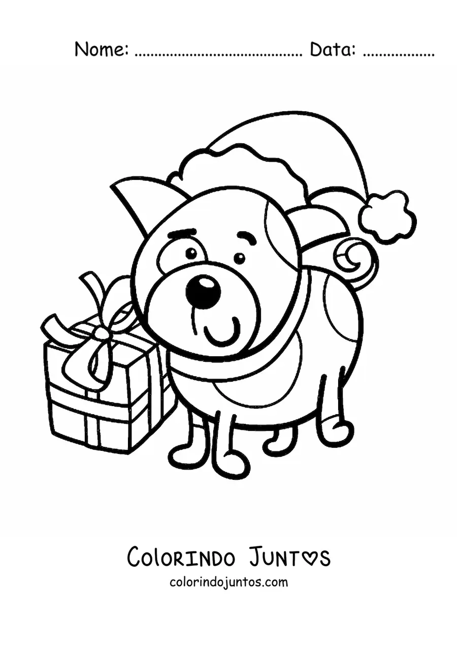 Desenho para colorir de cachorro com presente de Natal