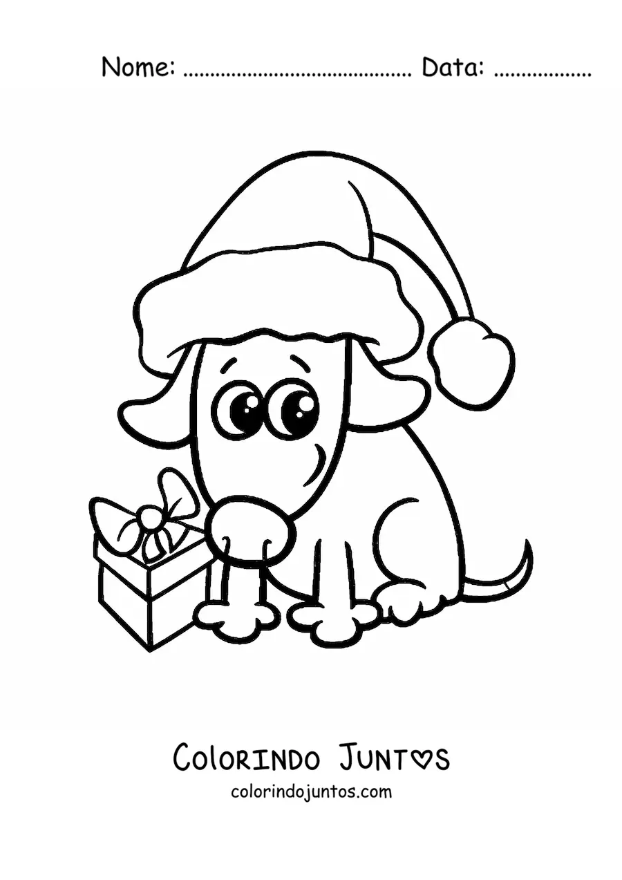 Desenho para colorir de cachorro com presente de Natal