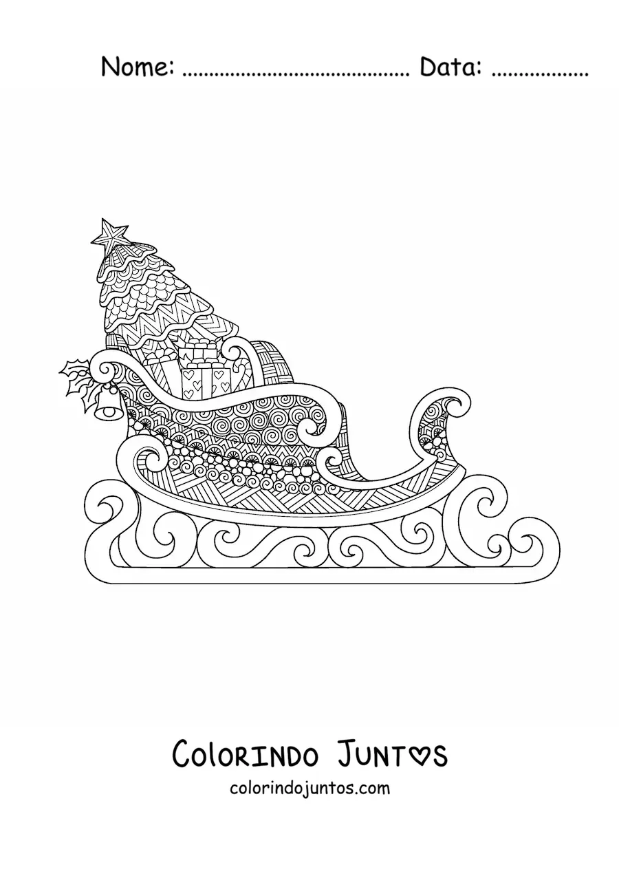 Desenho para colorir de trenó com presentes de Natal em estilo zentangle