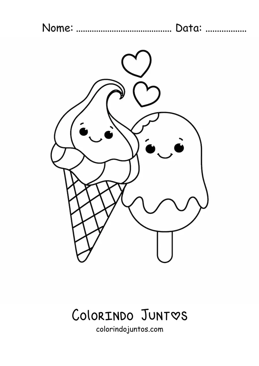 Desenho para colorir de um casal de sorvetes kawaii romântico