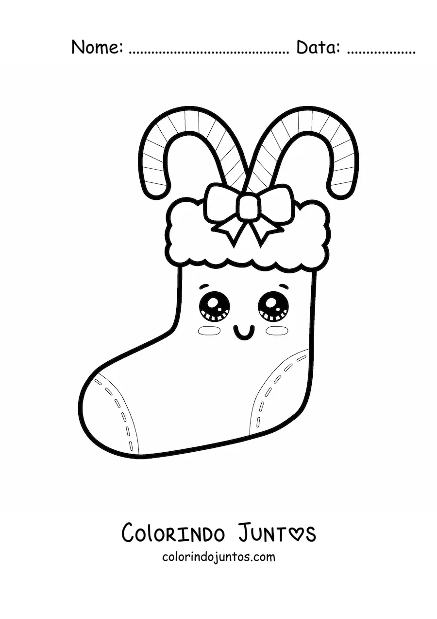 Desenho para colorir de bota de Natal kawaii com bengalas de doce
