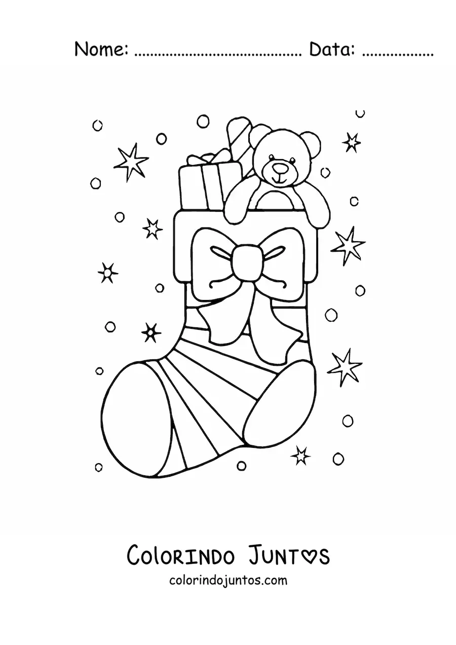 Desenho para colorir de meia de Natal com laço e ursinho de pelúcia