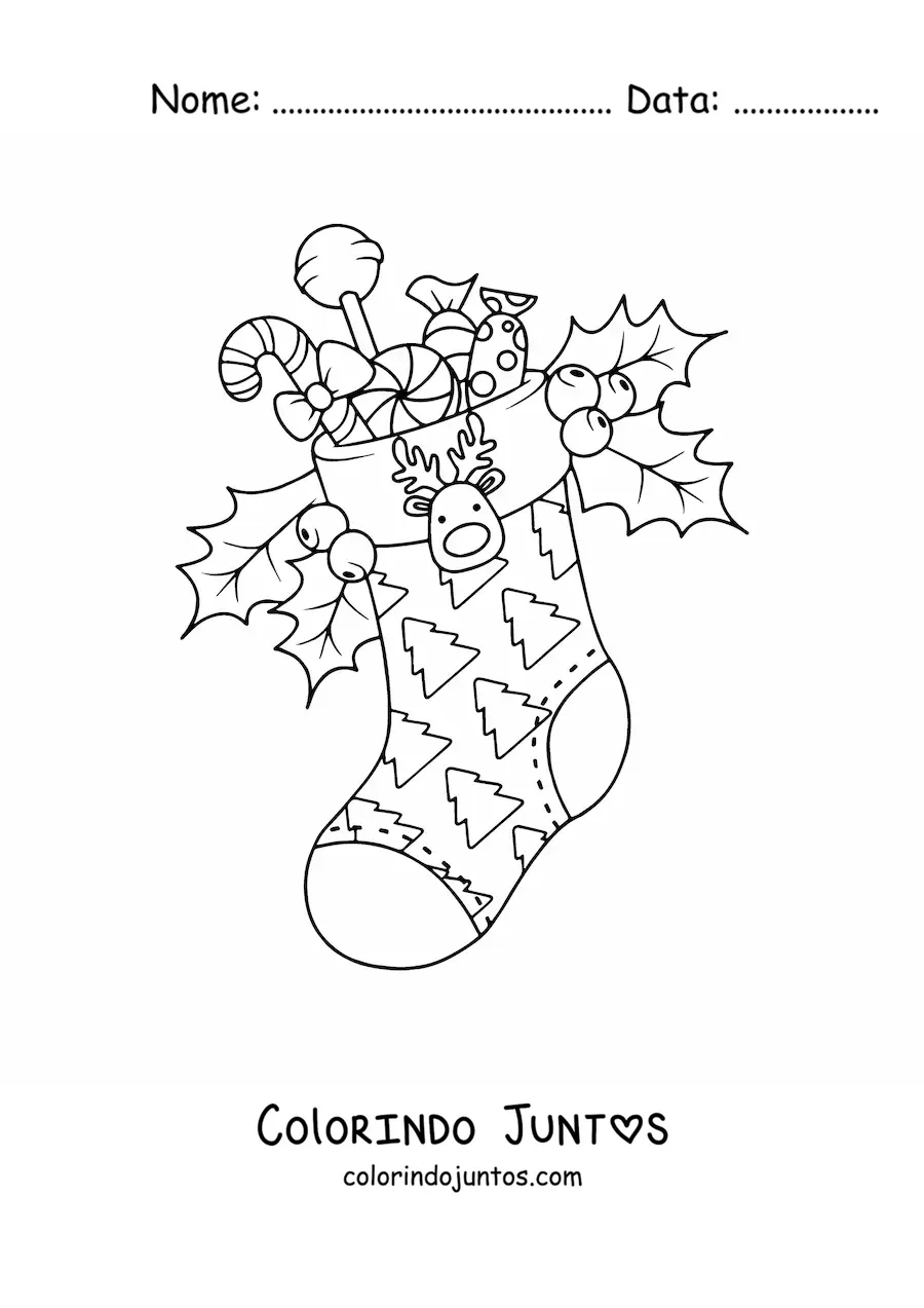 Desenho para colorir de bota de Natal com doces e enfeite de rena