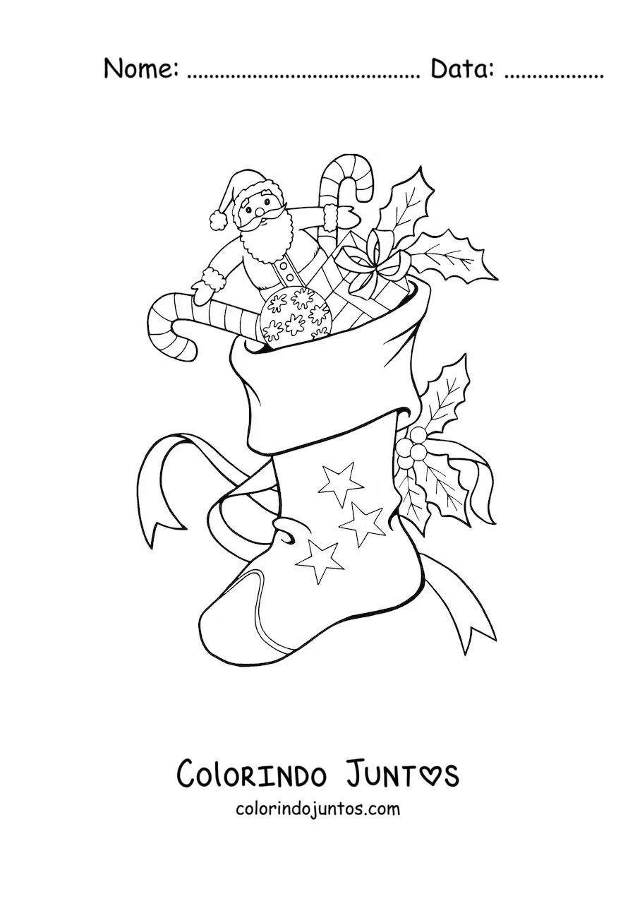 Desenho para colorir de bota de Natal com brinquedos e doces