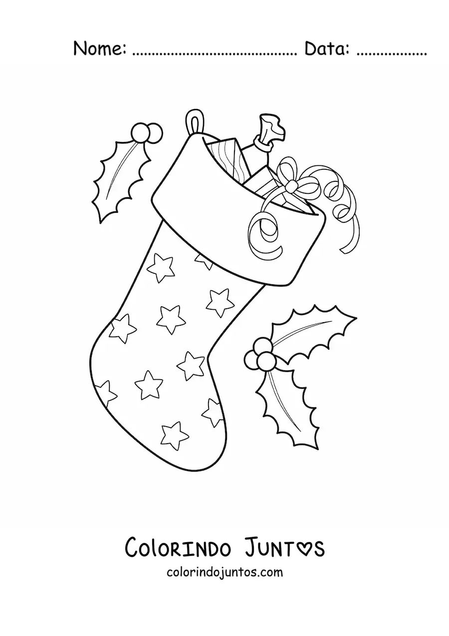 Desenho para colorir de bota natalina com presentes
