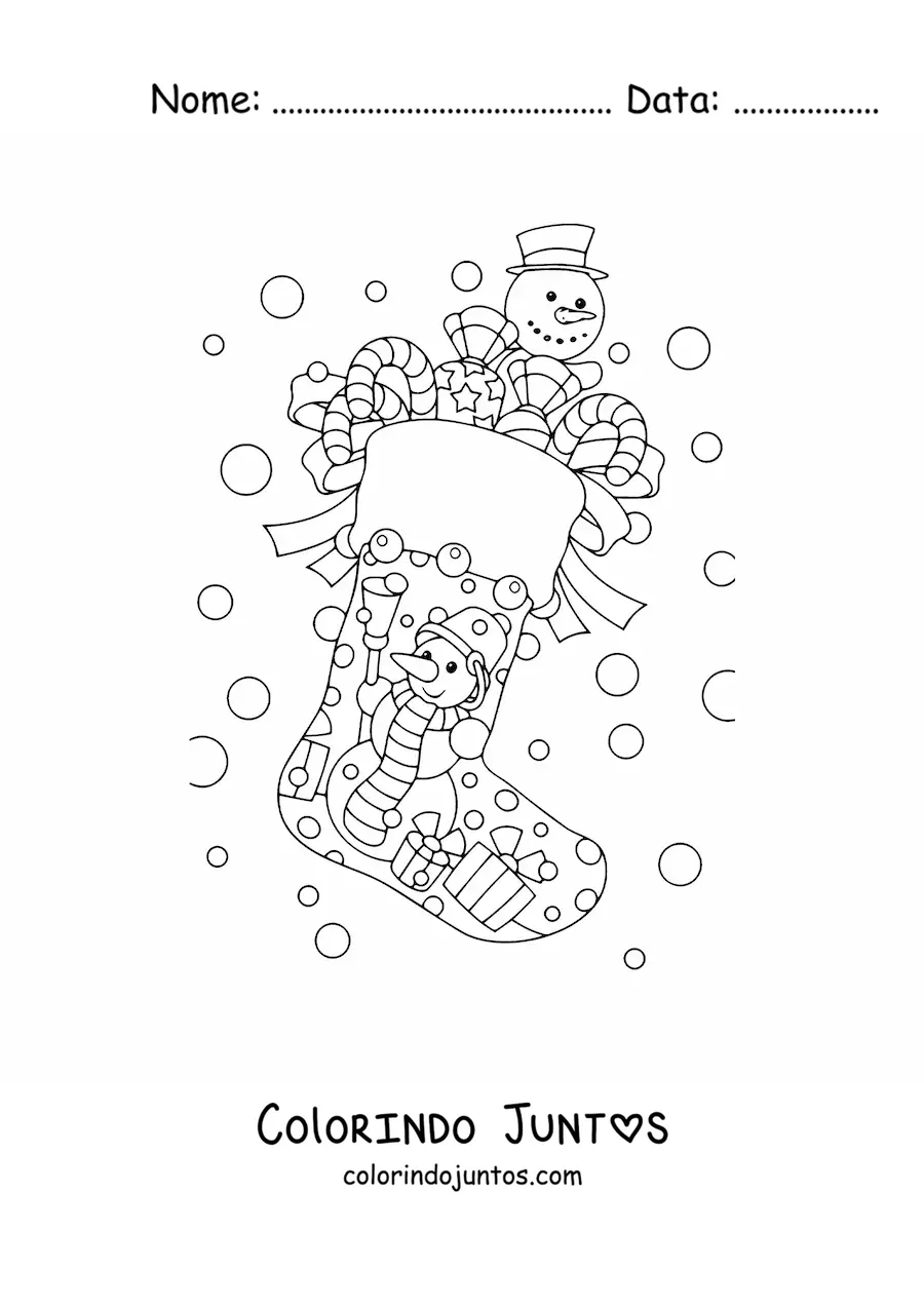 Desenho para colorir de meia de Natal com boneco de neve
