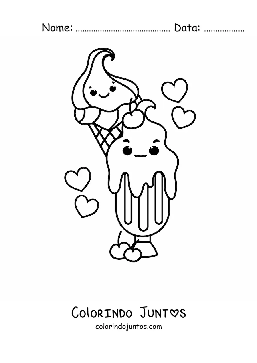 Desenho para colorir de um sorvete de taça ao lado de um de casquinha kawaii
