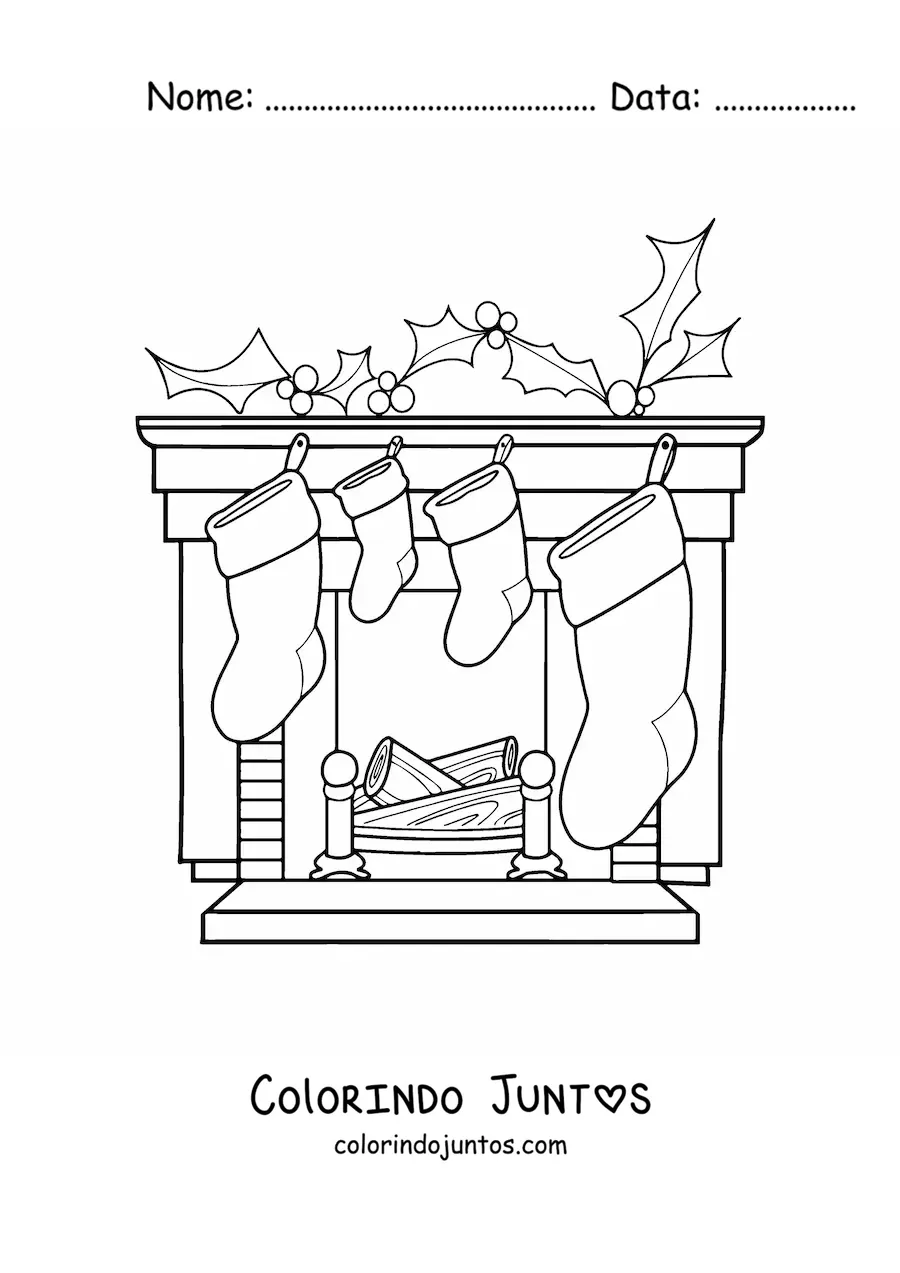 Desenho para colorir de botinhas natalinas na lareira