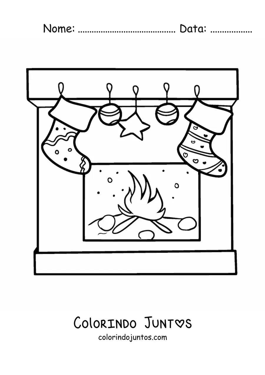 Desenho para colorir de meias de Natal na lareira