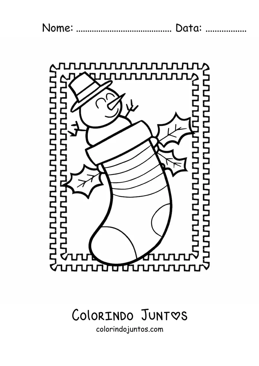 Desenho para colorir de meia de Natal com boneco de neve animado