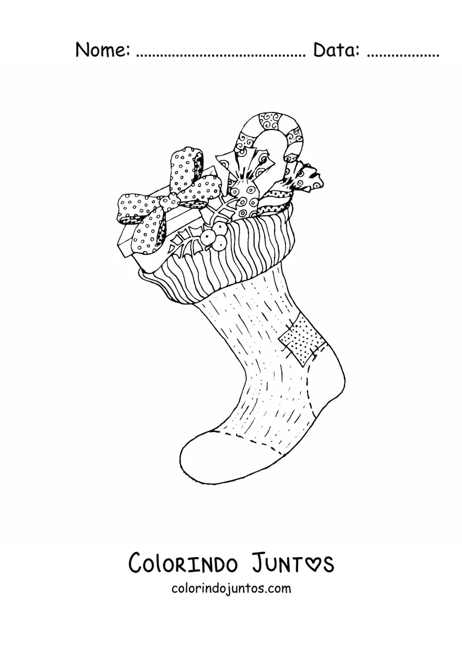 Desenho para colorir de meia de Natal realista com presentes