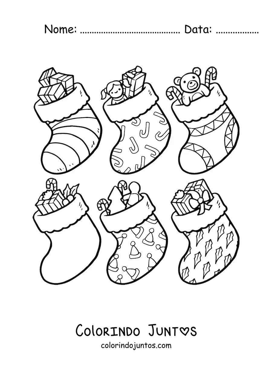 Desenho para colorir de botinhas natalinas com presentes